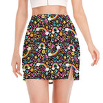 Groovy Hippie Peace Pattern Print Side Slit Mini Skirt