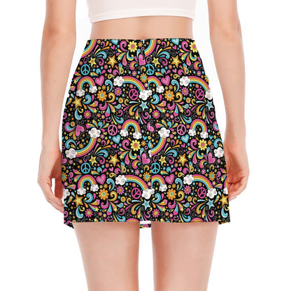 Groovy Hippie Peace Pattern Print Side Slit Mini Skirt