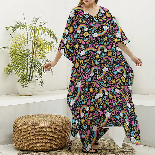 Groovy Hippie Peace Pattern Print Silk V-Neck Kaftan Dress