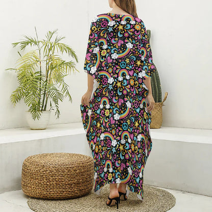 Groovy Hippie Peace Pattern Print Silk V-Neck Kaftan Dress