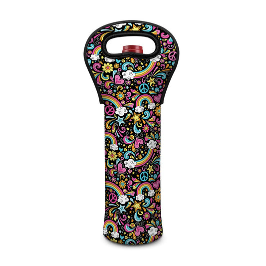 Groovy Hippie Peace Pattern Print Single Neoprene Wine Tote
