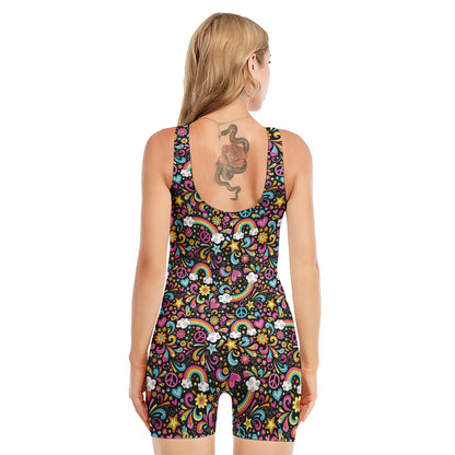 Groovy Hippie Peace Pattern Print Sleeveless One Piece Swimsuit