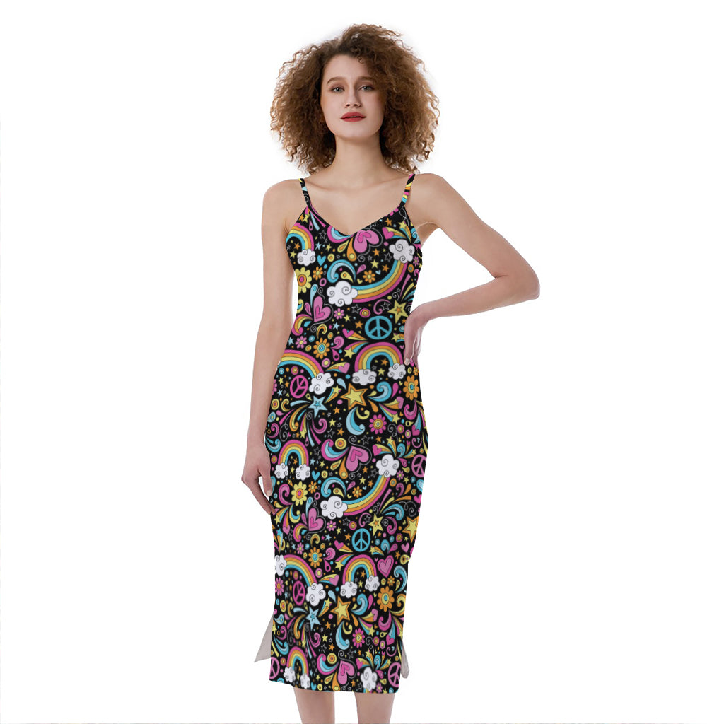Groovy Hippie Peace Pattern Print Slim Fit Midi Cami Dress