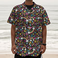 Groovy Hippie Peace Pattern Print Textured Short Sleeve Shirt
