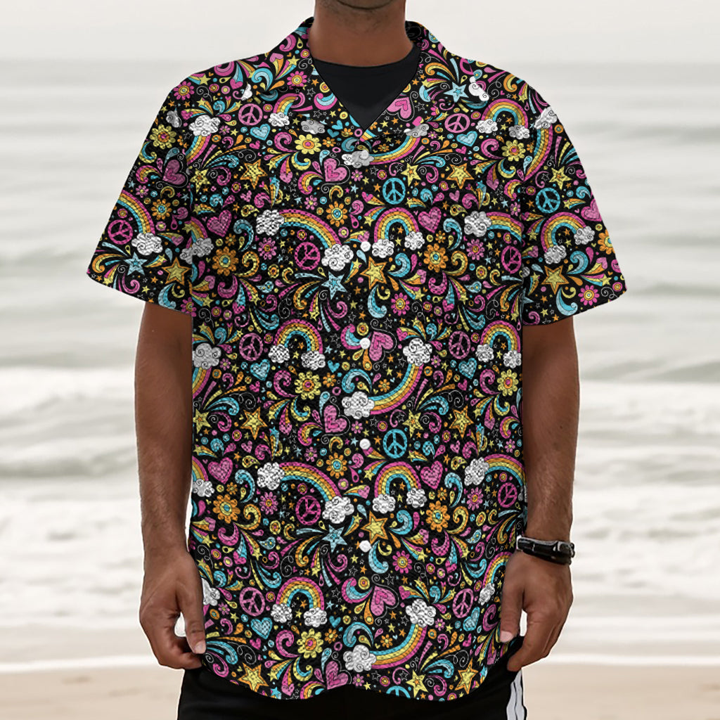 Groovy Hippie Peace Pattern Print Textured Short Sleeve Shirt