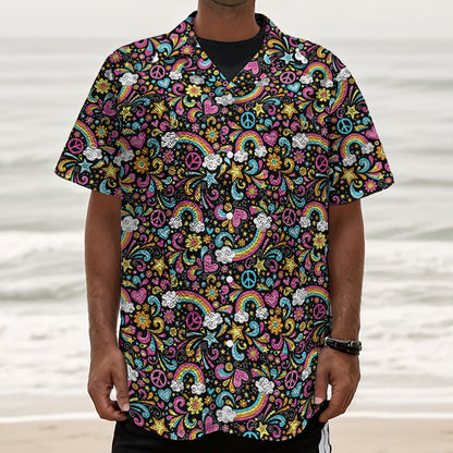 Groovy Hippie Peace Pattern Print Textured Short Sleeve Shirt