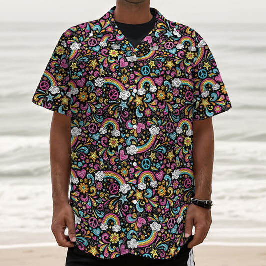 Groovy Hippie Peace Pattern Print Textured Short Sleeve Shirt