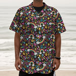 Groovy Hippie Peace Pattern Print Textured Short Sleeve Shirt