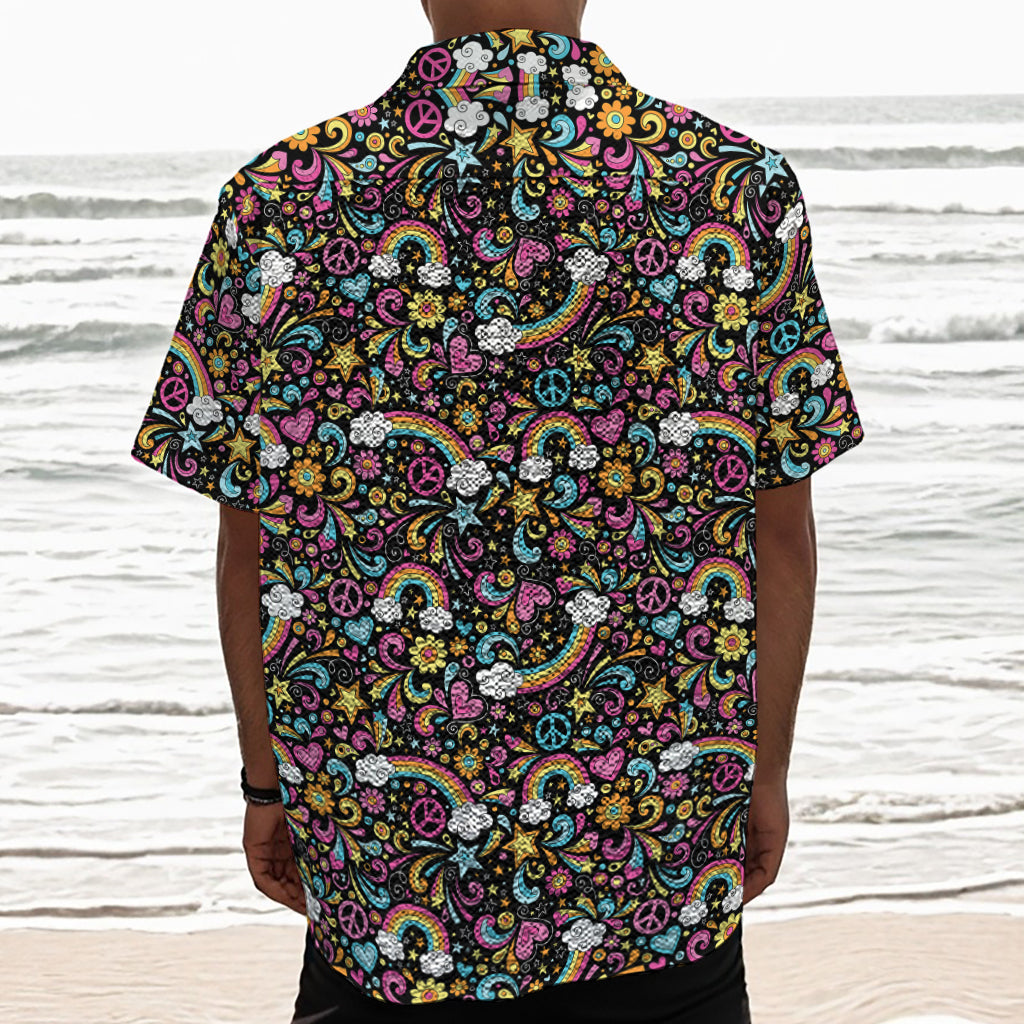 Groovy Hippie Peace Pattern Print Textured Short Sleeve Shirt