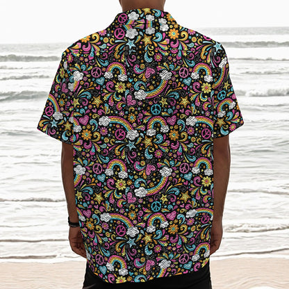 Groovy Hippie Peace Pattern Print Textured Short Sleeve Shirt