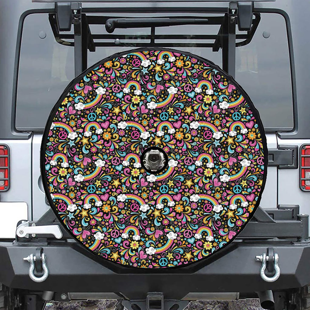 Groovy Hippie Peace Pattern Print Tire Cover With Camera Hole