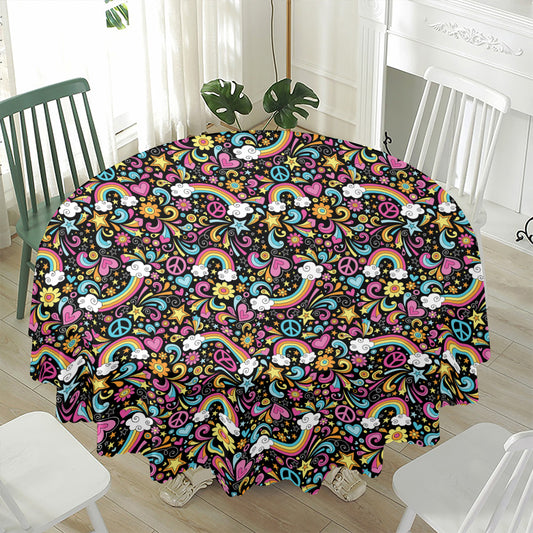 Groovy Hippie Peace Pattern Print Waterproof Round Tablecloth