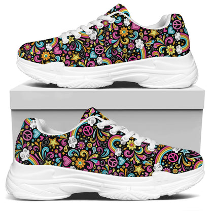 Groovy Hippie Peace Pattern Print White Chunky Shoes