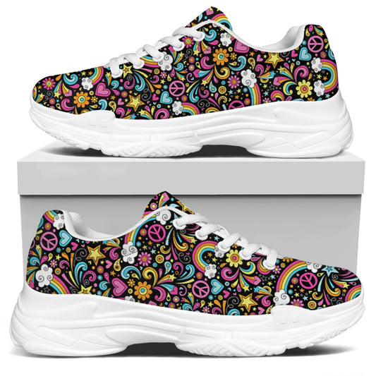 Groovy Hippie Peace Pattern Print White Chunky Shoes