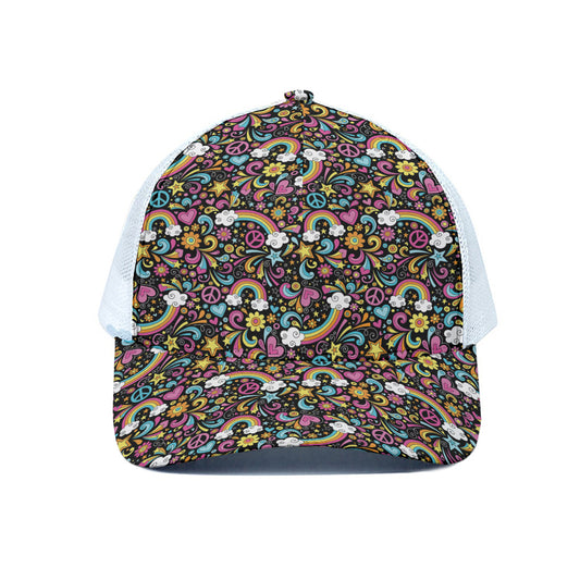 Groovy Hippie Peace Pattern Print White Mesh Trucker Cap