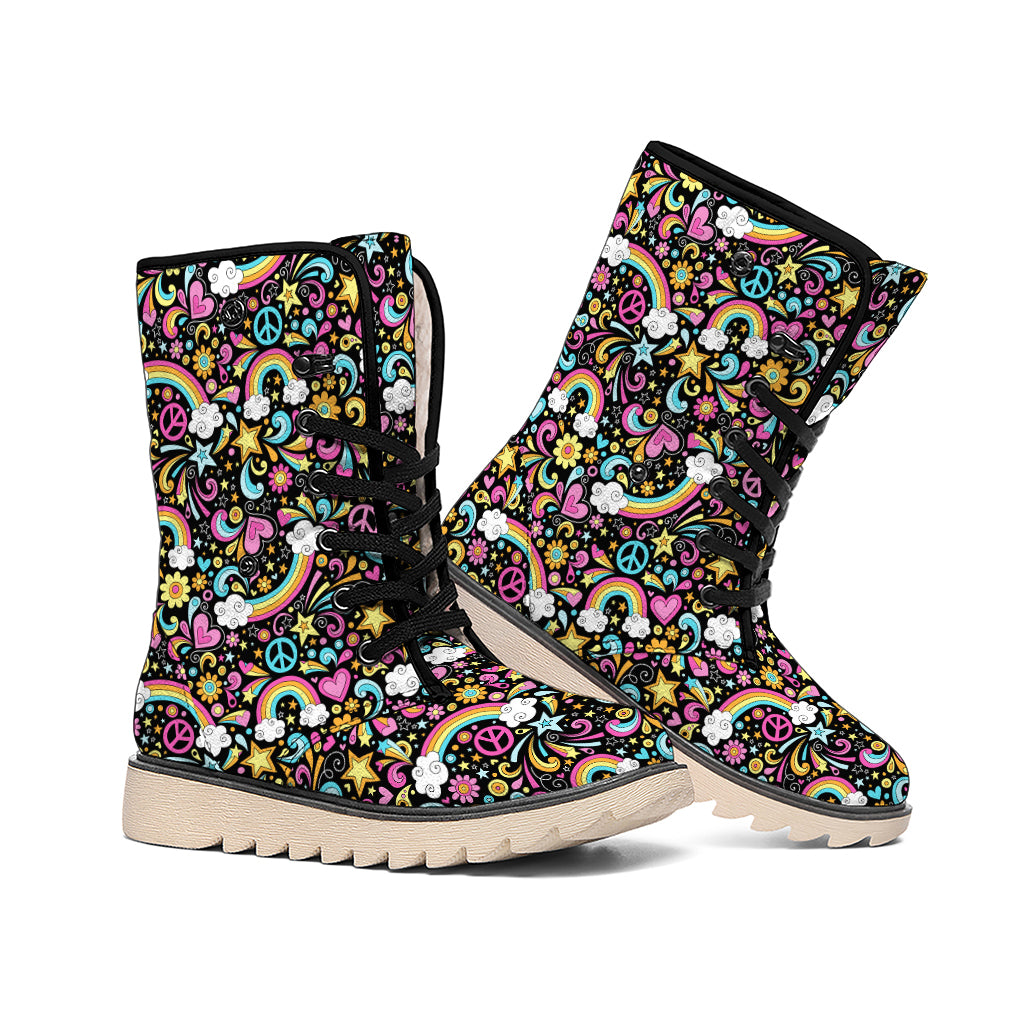 Groovy Hippie Peace Pattern Print Winter Boots