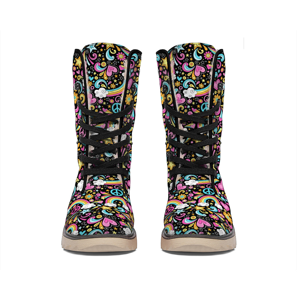 Groovy Hippie Peace Pattern Print Winter Boots