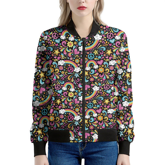 Groovy Hippie Peace Pattern Print Women's Bomber Jacket