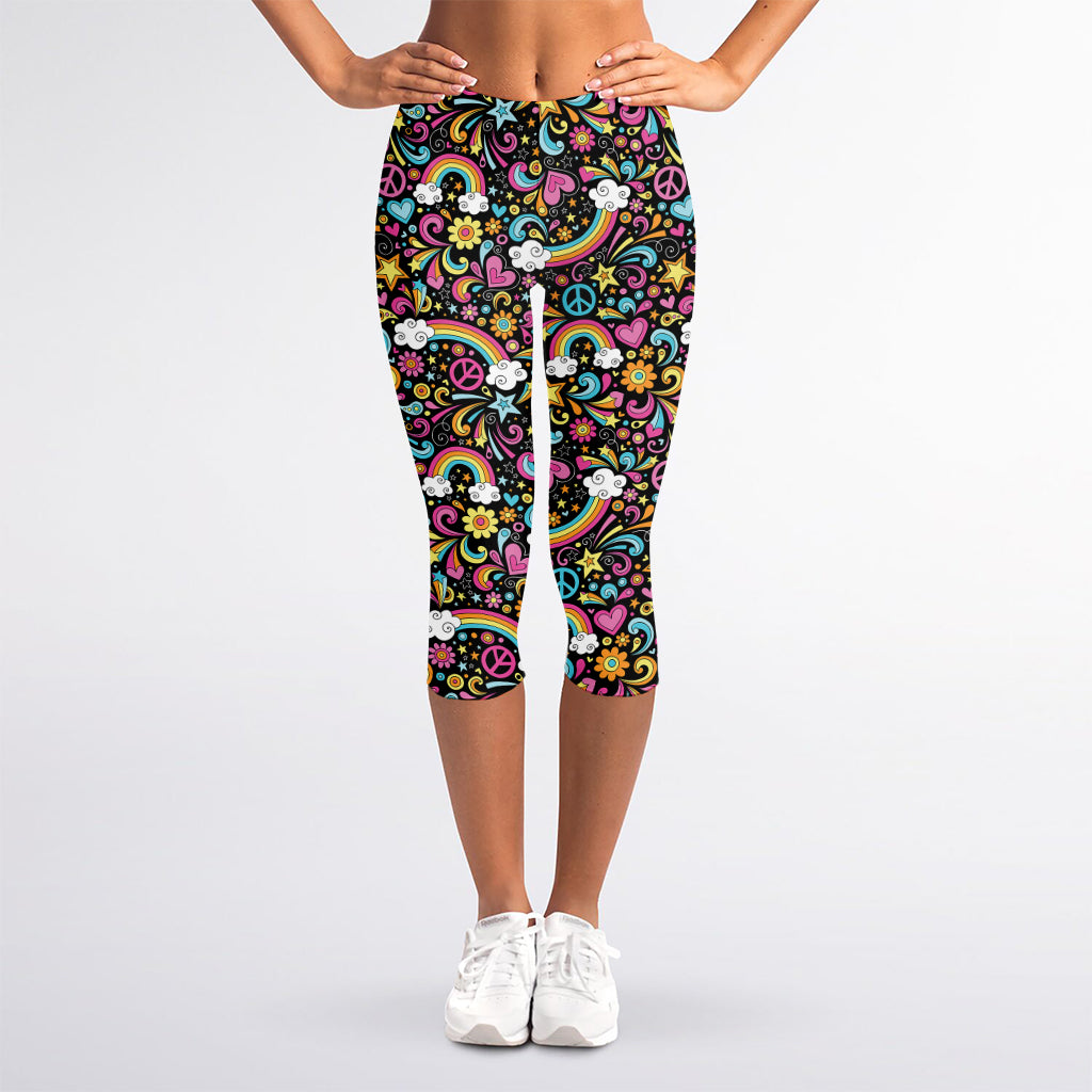 Groovy Hippie Peace Pattern Print Women's Capri Leggings