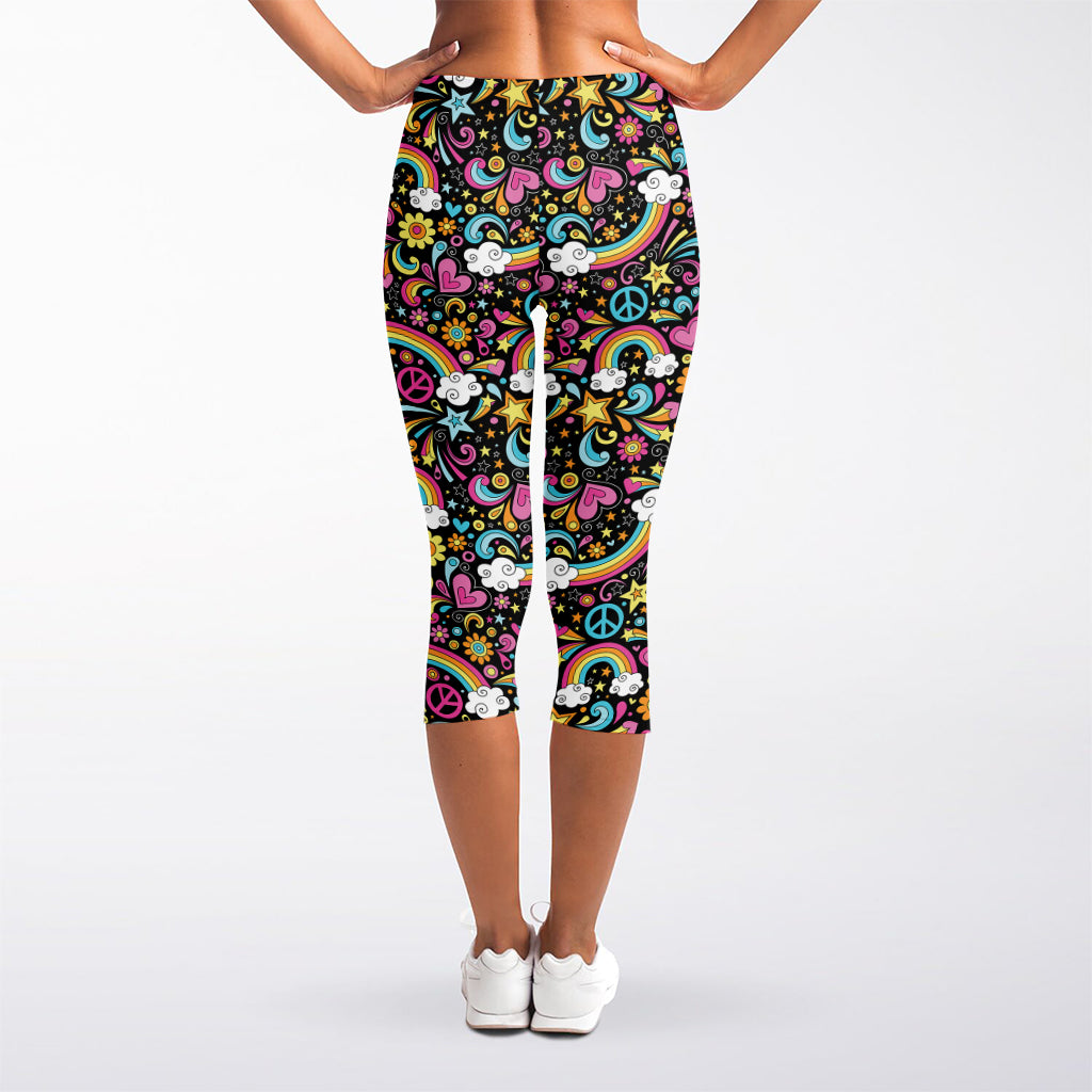 Groovy Hippie Peace Pattern Print Women's Capri Leggings