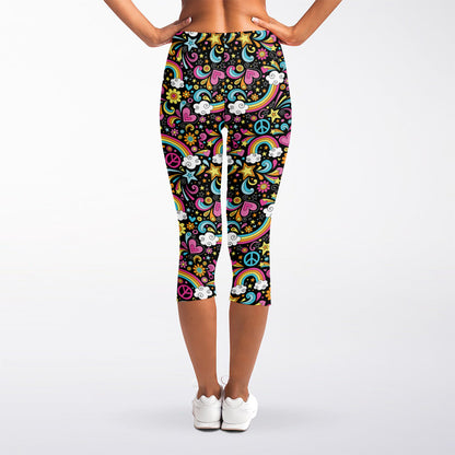 Groovy Hippie Peace Pattern Print Women's Capri Leggings
