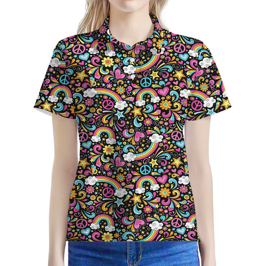 Groovy Hippie Peace Pattern Print Women's Polo Shirt