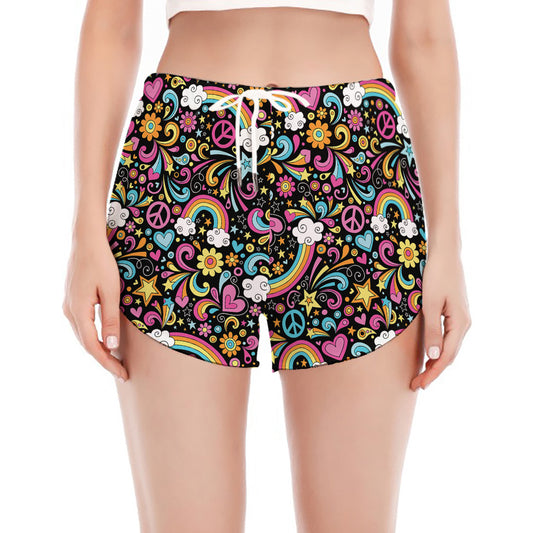 Groovy Hippie Peace Pattern Print Women's Split Running Shorts