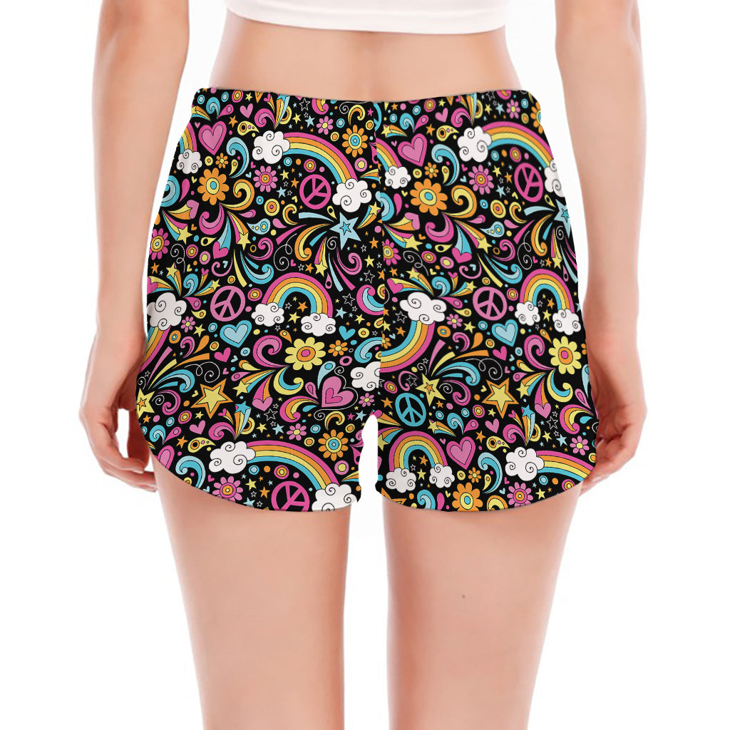 Groovy Hippie Peace Pattern Print Women's Split Running Shorts