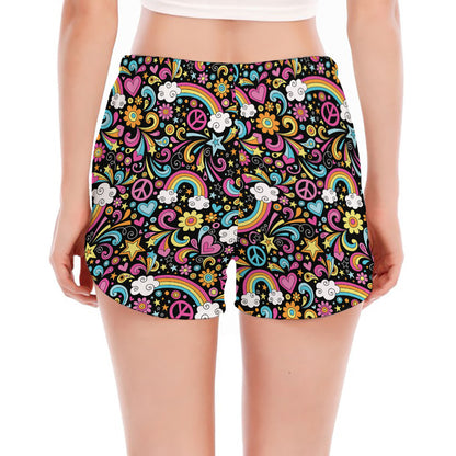 Groovy Hippie Peace Pattern Print Women's Split Running Shorts