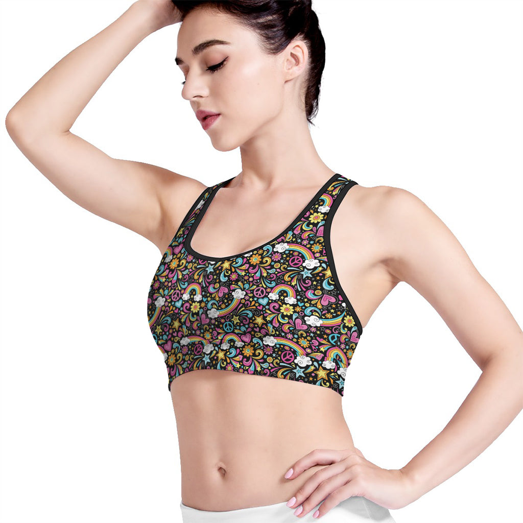Groovy Hippie Peace Pattern Print Women's Sports Bra