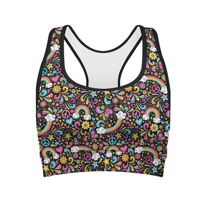 Groovy Hippie Peace Pattern Print Women's Sports Bra