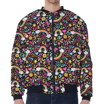 Groovy Hippie Peace Pattern Print Zip Sleeve Bomber Jacket