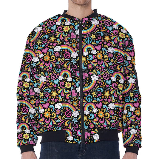 Groovy Hippie Peace Pattern Print Zip Sleeve Bomber Jacket