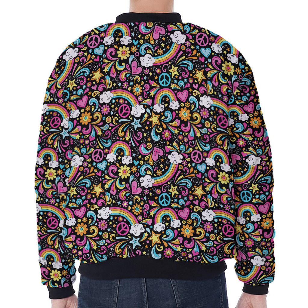 Groovy Hippie Peace Pattern Print Zip Sleeve Bomber Jacket