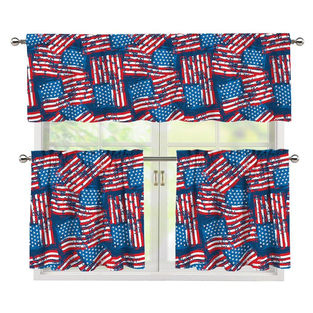Grunge American Flag Pattern Print 3 Piece Kitchen Curtains