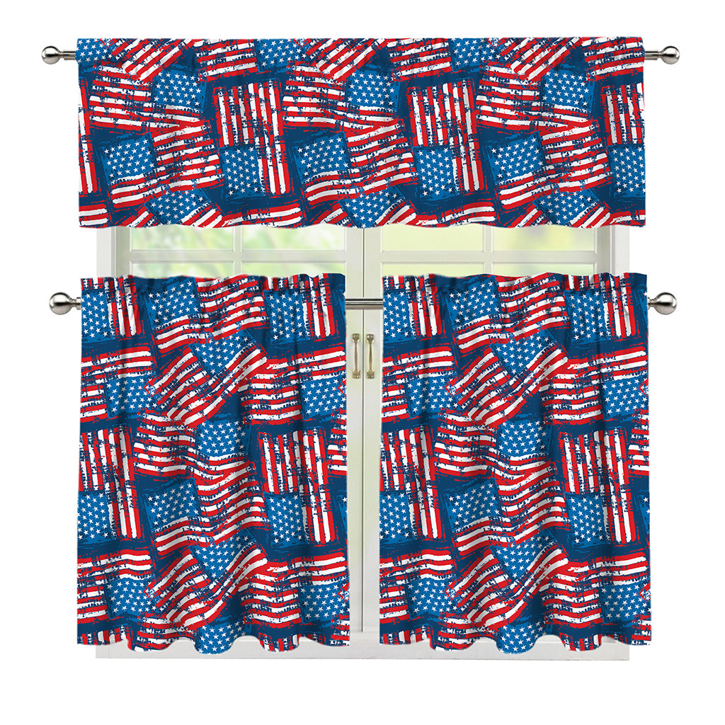 Grunge American Flag Pattern Print 3 Piece Kitchen Curtains