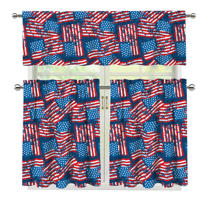 Grunge American Flag Pattern Print 3 Piece Kitchen Curtains