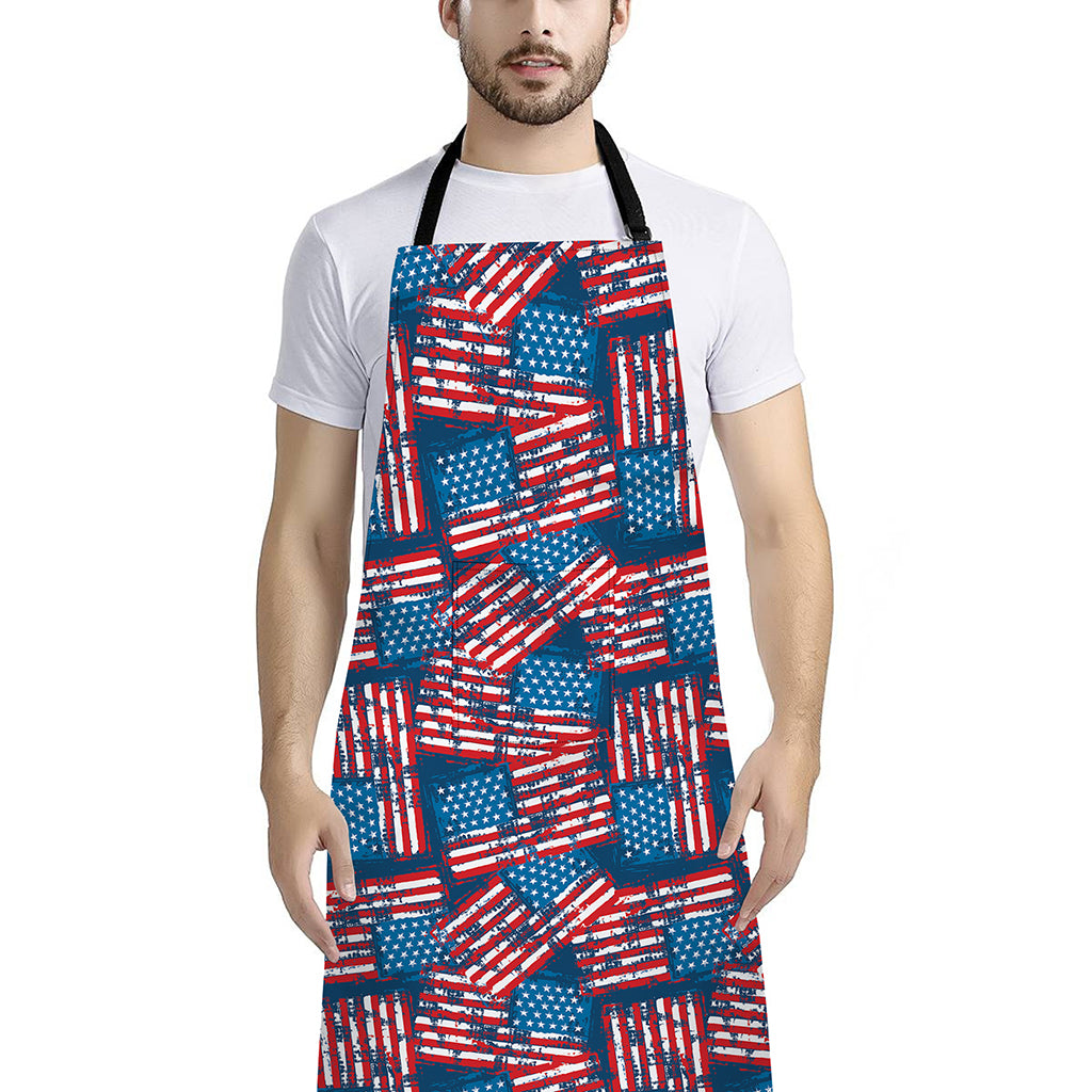 Grunge American Flag Pattern Print Bib Apron With Pocket