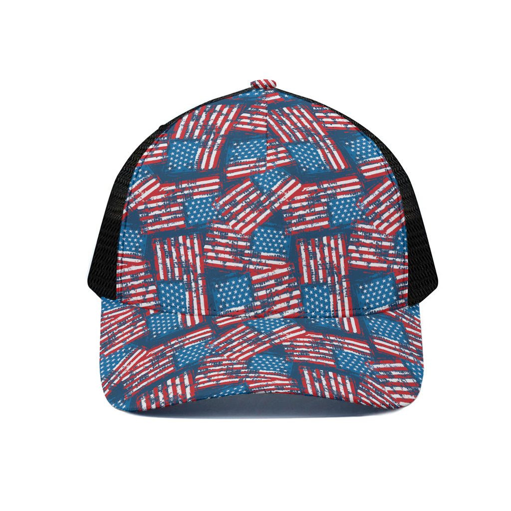 Grunge American Flag Pattern Print Black Mesh Trucker Cap