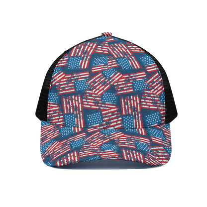 Grunge American Flag Pattern Print Black Mesh Trucker Cap