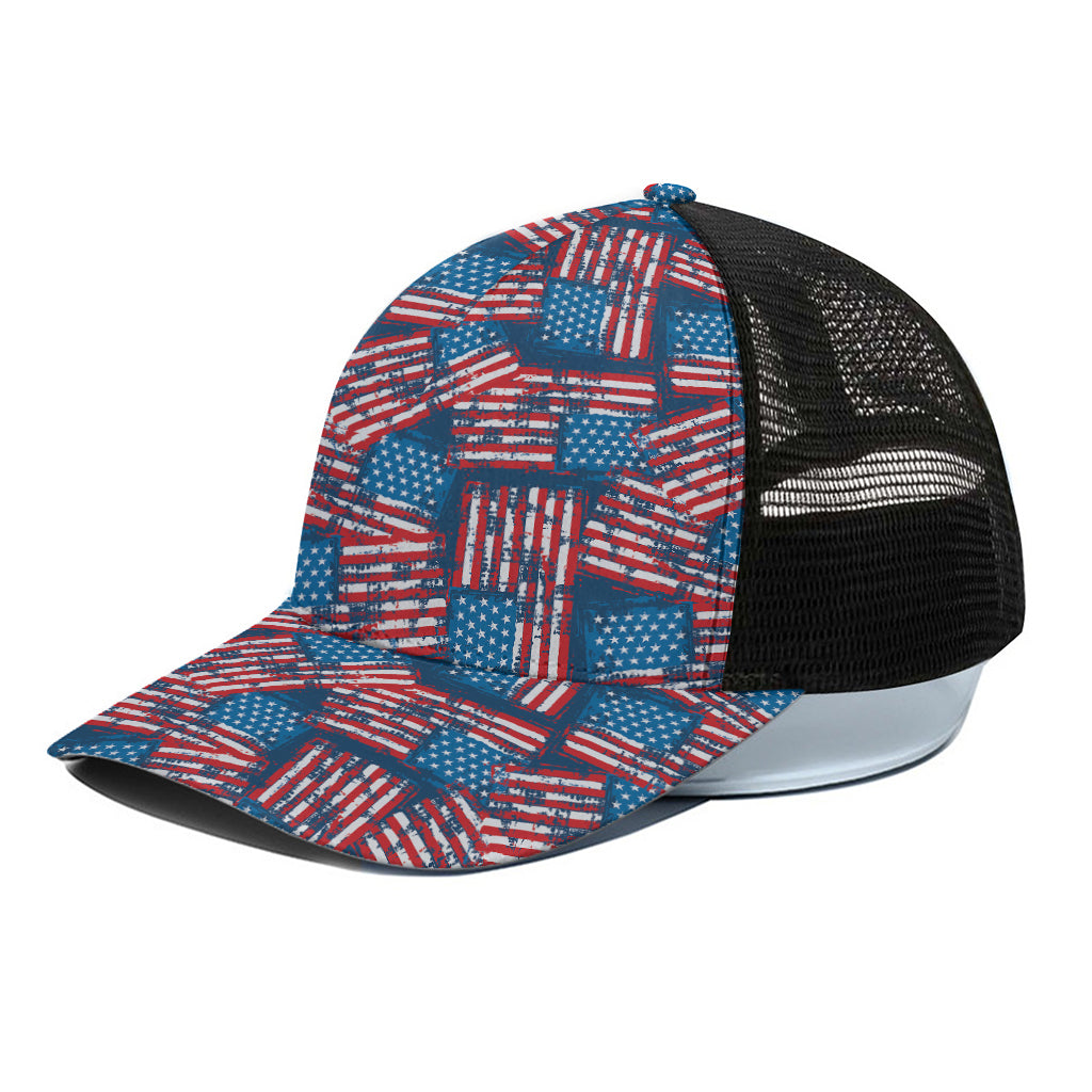 Grunge American Flag Pattern Print Black Mesh Trucker Cap