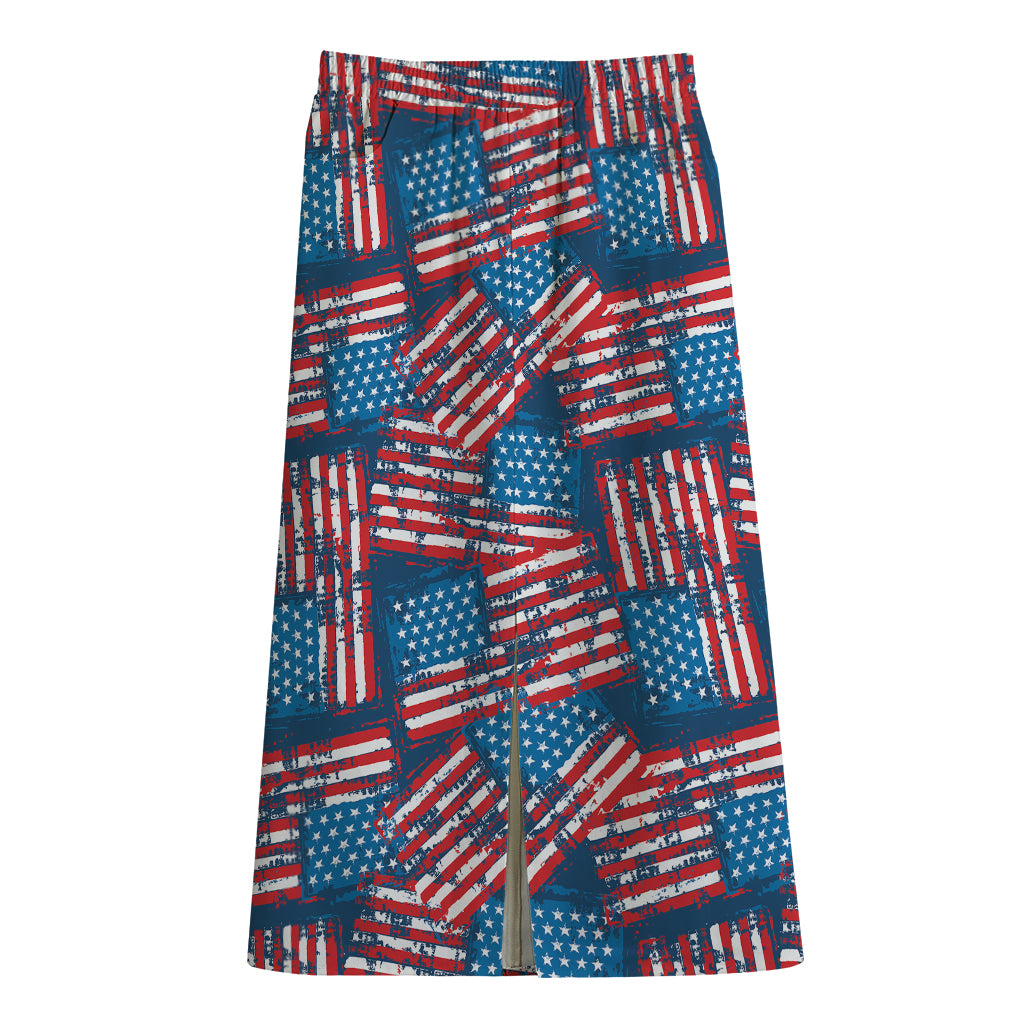 Grunge American Flag Pattern Print Cotton Front Slit Maxi Skirt
