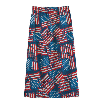 Grunge American Flag Pattern Print Cotton Front Slit Maxi Skirt