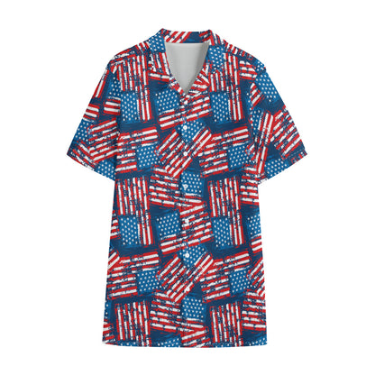 Grunge American Flag Pattern Print Cotton Hawaiian Shirt