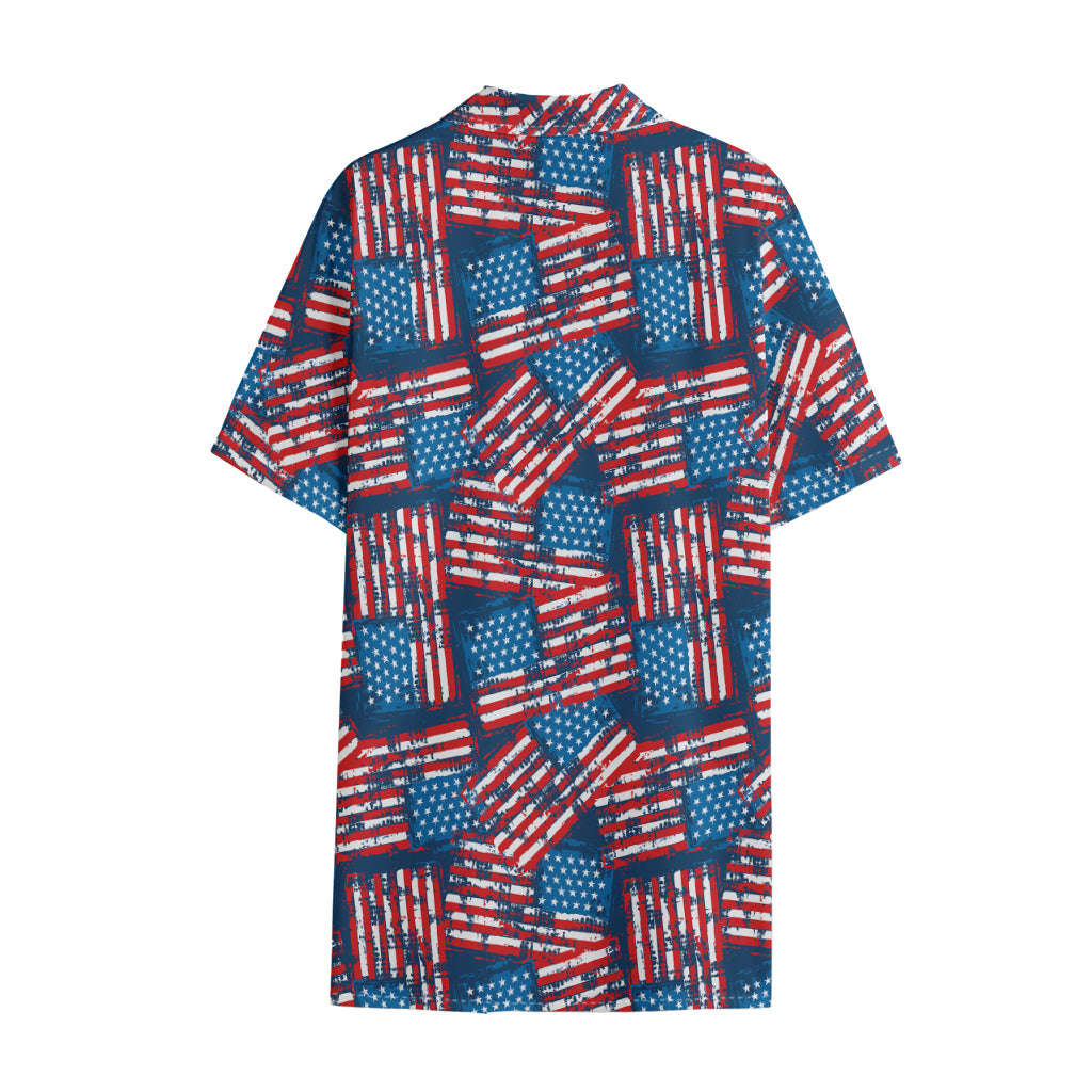 Grunge American Flag Pattern Print Cotton Hawaiian Shirt