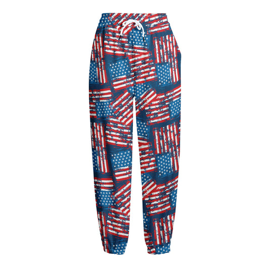 Grunge American Flag Pattern Print Fleece Lined Knit Pants