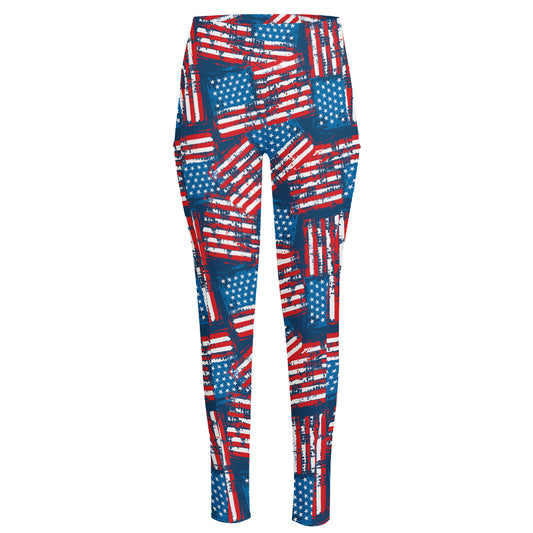 Grunge American Flag Pattern Print High-Waisted Pocket Leggings