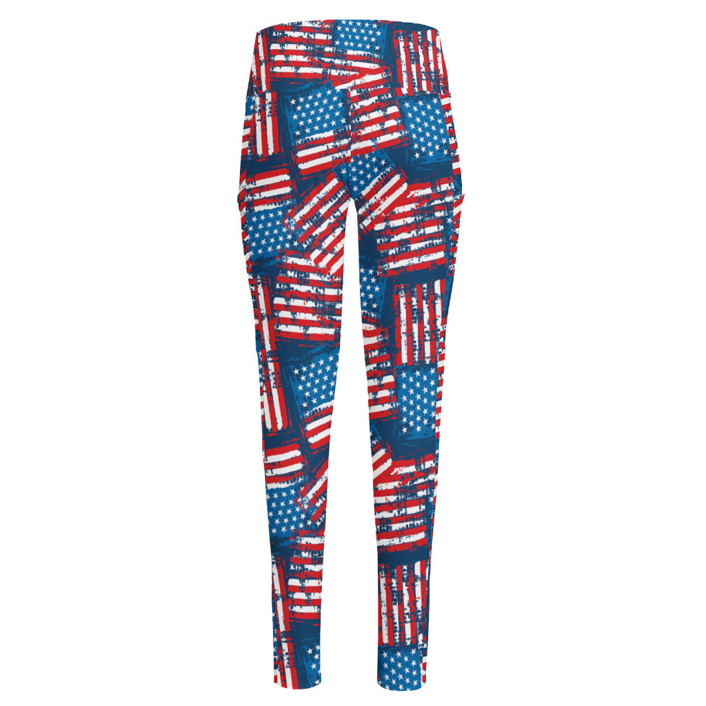 Grunge American Flag Pattern Print High-Waisted Pocket Leggings