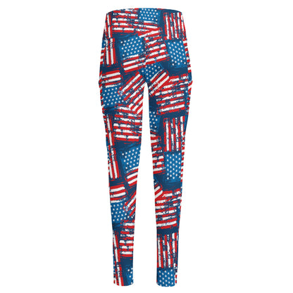 Grunge American Flag Pattern Print High-Waisted Pocket Leggings