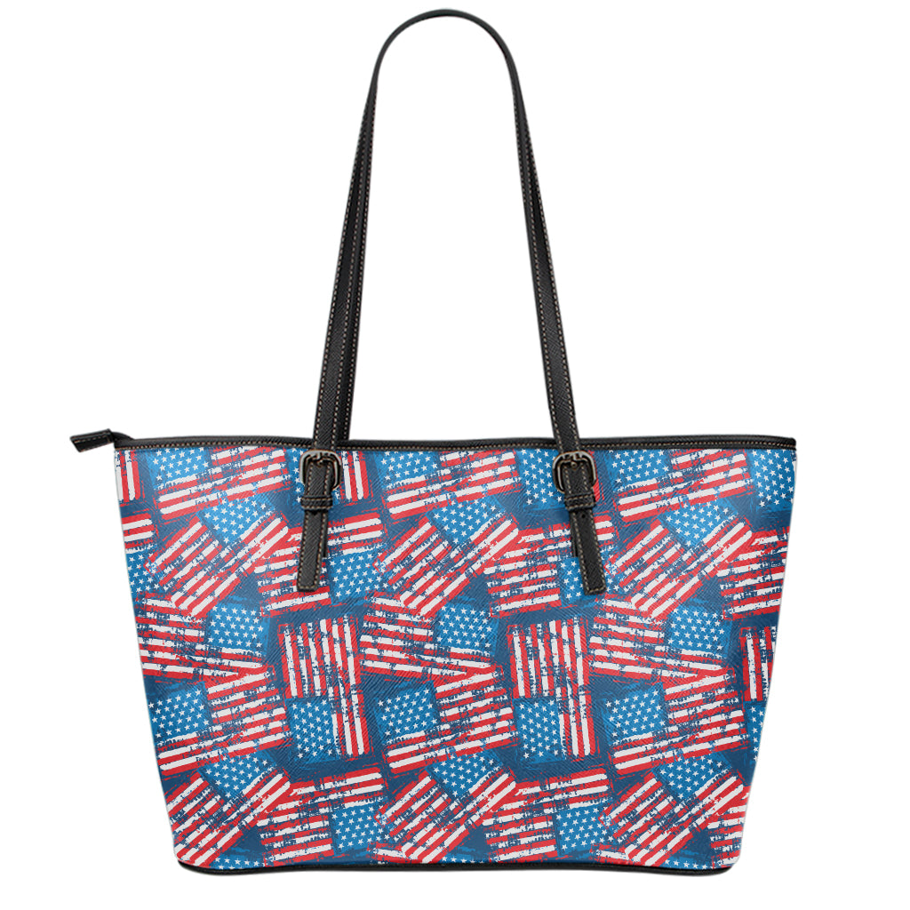 Grunge American Flag Pattern Print Leather Tote Bag